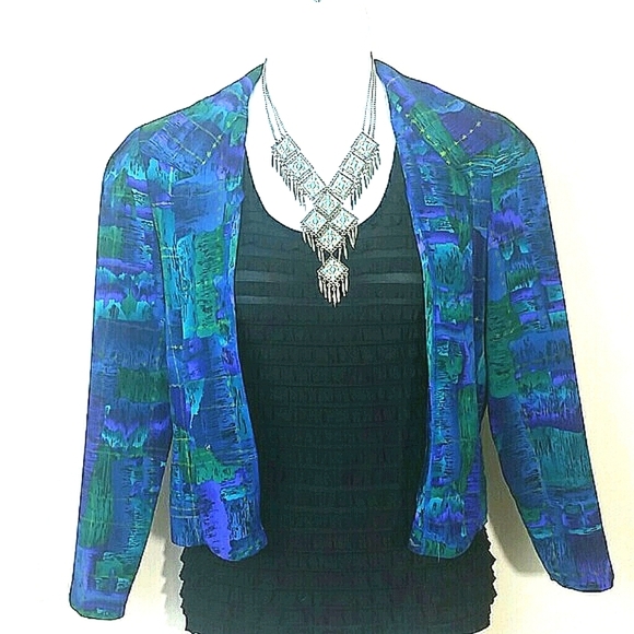 *Leslie Belle MP Petite Blazer  Abstract Blue Purple Green Lightweight Unlined - Picture 3 of 3